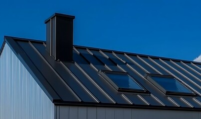Fototapeta premium Modern dark metal standing seam roof with skylights and chimney against blue sky.