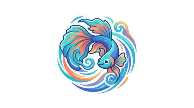 Vibrant Betta Fish Swimming in Stylized Water Waves, Cute Aquatic Pet Illustration