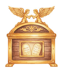 Obraz premium Golden Ark of Covenant Adorned with Two Cherub Angels Holding Hands Above Sacred Tablets in a Reverent Watercolor Illustration