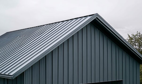 Grey corrugated metal roof and wall of a modern barn.
