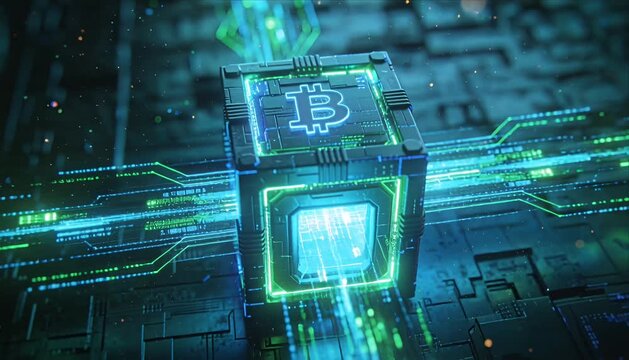 Futuristic digital cube cryptocurrency block bitcoin symbol blockchain network data flow cyber neon glowing circuit virtual currency innovation blockchain cube digital currency symbol cyber network