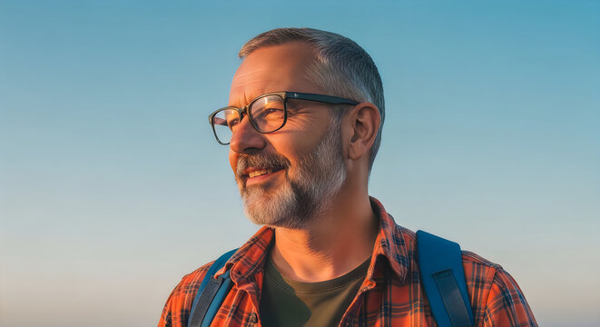 Mature man with glasses gazing away outdoor portrait with backpack