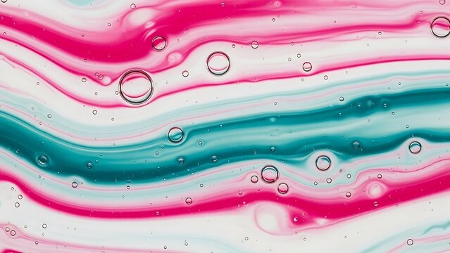 Abstract macro shot of fluid art with vibrant pink and teal oil-like swirls, liquid textures and bubbles creating a dreamy artistic wallpaper background.