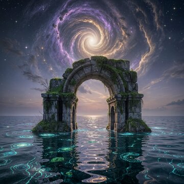 An ancient, moss-covered stone archway stands half-submerged in a tranquil, bioluminescent ocean