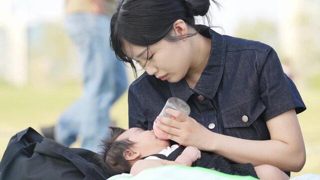 Young mother gently feeds baby outdoors. Soft sunlight illuminates tender moment. Baby rests peacefully, trusting caregiver. Scenes capture serene, loving bond. Perfect for parenting, family