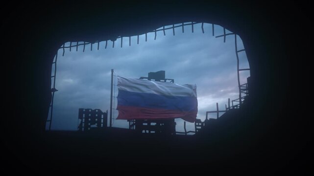 Russian Tricolor Flag Waving in Ruined Urban Silhouette at Dusk