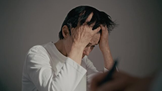 Closeup of female patient crying during therapy session with doctor writing notes on clipboard in focused foreground. Video suitable for mental health awareness campaigns and psychiatric clinic promos