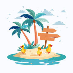 Obraz premium Cute Ducklings on a Tropical Island with Palm Trees and Signpost