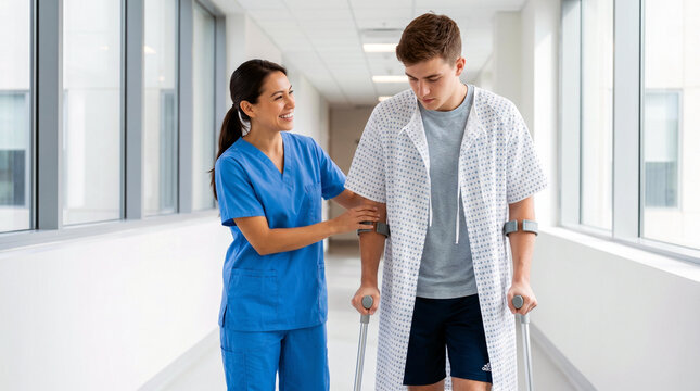 Smiling female nurse helping a young male patient walk with crutches down a bright hospital corridor. Natural daylight window illumination, clean modern healthcare aesthetic.