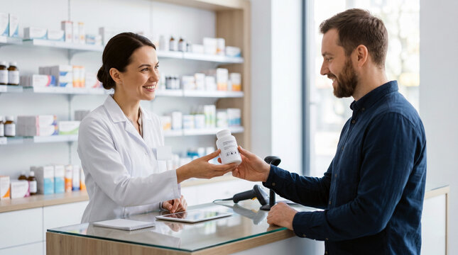 Smiling female pharmacist in a white coat handing a medicine bottle to a male customer at the modern pharmacy counter. Bright daylight illumination, clean professional style.