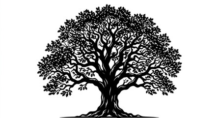 Fototapeta premium Black oak tree silhouette with detailed branching structure vector isolated on white