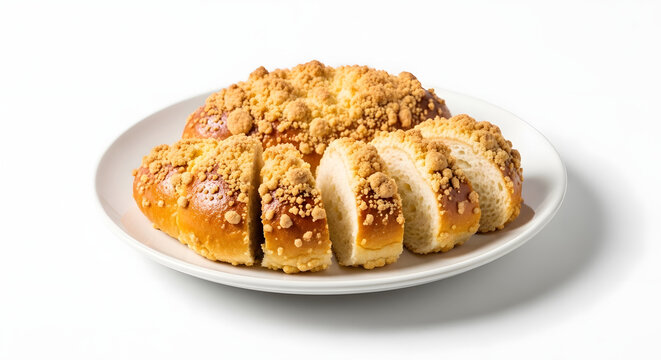 Arrangement of soboro ppang bread slices served in a white basic platter against matching white background in medium shot. Korean cuisine, Asian breads, sweet baking ideas assets