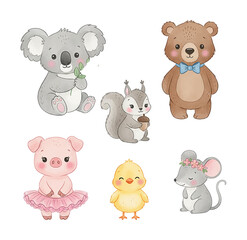 Fototapeta premium Cute cheerful baby animals koala bear squirrel pig chick mouse set friendly watercolor style artwork