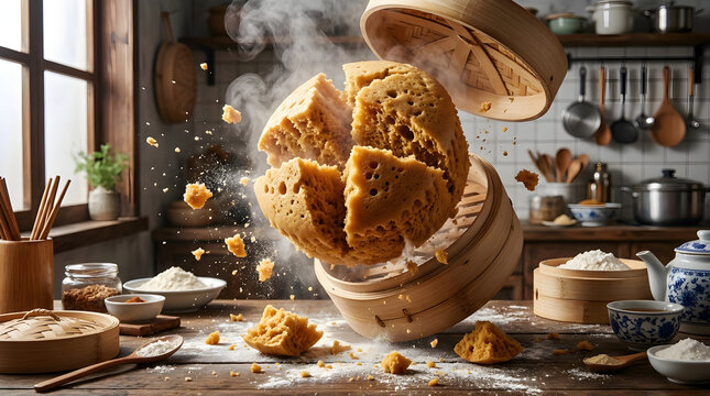 Exploding Steamed Brown Sugar Sponge Cake in Bamboo Steamer
