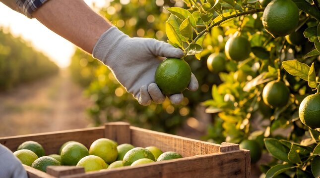Hand Harvesting Fresh Green Limes in Citrus Orchard at Golden Hour