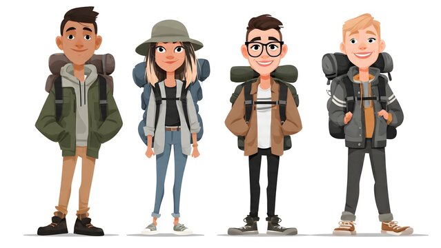 Four cartoon friends with backpacks standing together