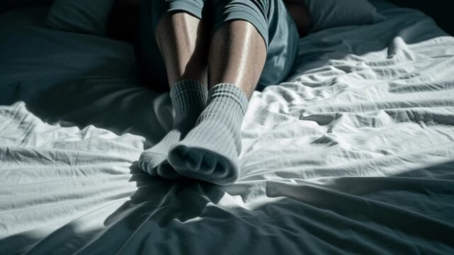 Person sits on bed with legs crossed wearing socks in dim light