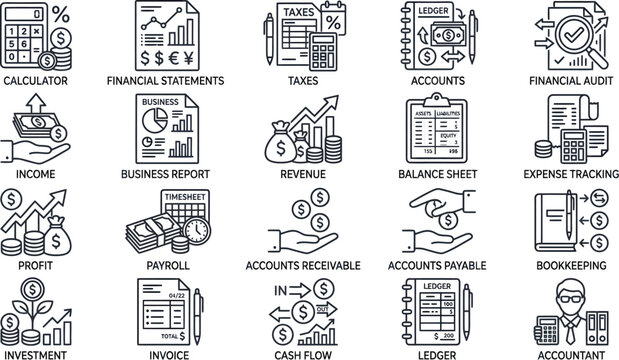 Accounting and Finance Icons for Business, Money, and Investment Management