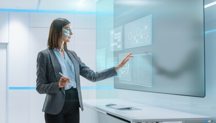 Fototapeta premium Professional woman interacting with futuristic touchscreen display in modern office, showcasing advanced technology and innovative workspace design