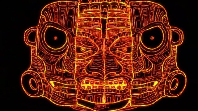 Glowing Tribal Mask Art on Black Background.