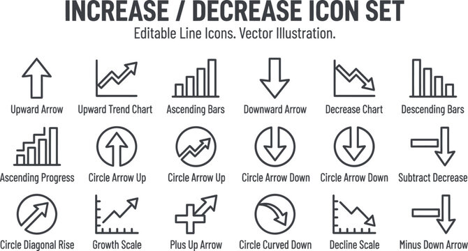 Increase Decrease Icon Set - Editable Line Icons for Data Visualization and Chart Trends