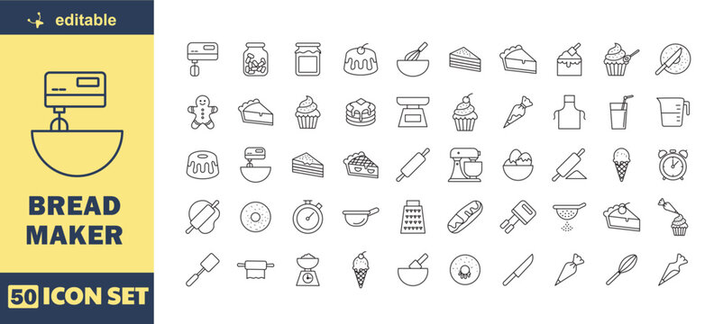 Bread Maker Editable Stroke Line Icon Set &ndash; Baking Equipment, Pastry Tools and Bakery Outline Icons Collection