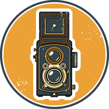 Retro twin lens reflex camera illustration with distressed texture on a circular orange background, concept for photography, vintage style and creative hobbies.