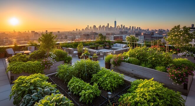 Urban rooftop garden on a sunny day promotes nature conservation in the world