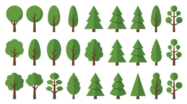 Collection of Flat Vector Tree Illustrations and Green Nature Icons for Environmental Design