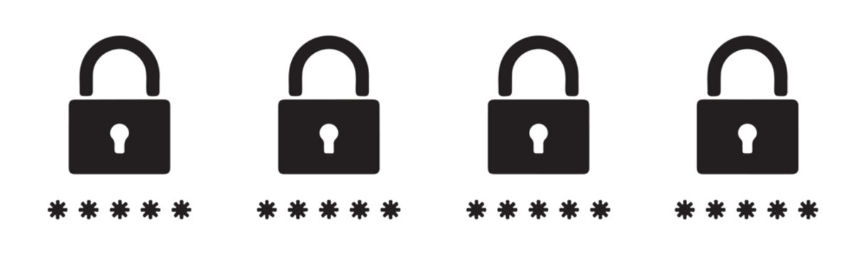 Collection of locked padlocks with masked password asterisks representing secure login systems.