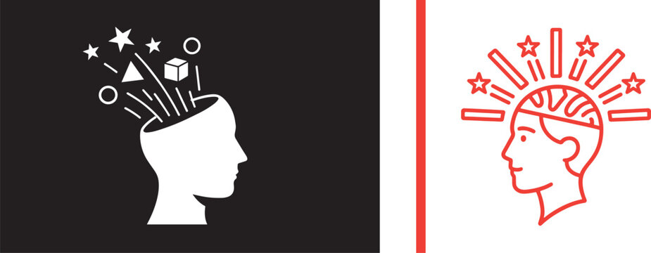 Human head profile icons with geometric shapes and rays bursting out vector illustration for creativity and brainstorming