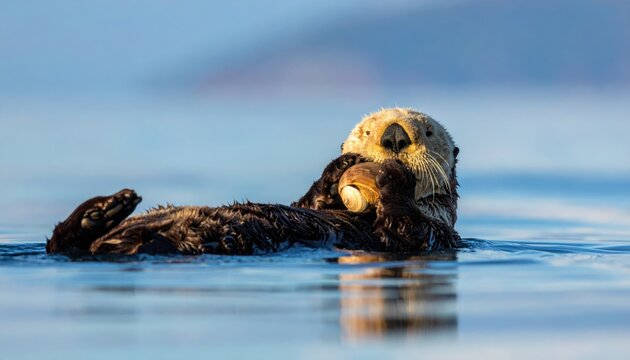 Sea otter floating on its back in the water, holding a shell and cracking it open with a rock, showcasing its clever feeding habits.