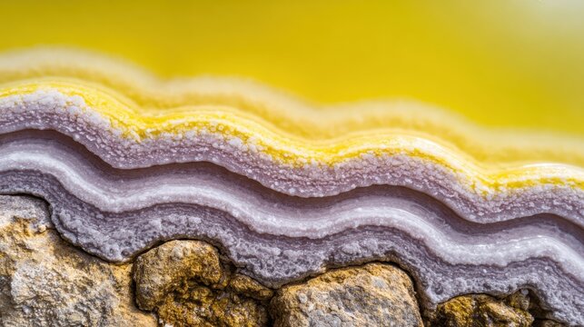 Closeup macro view of a colorful agate geode slice with wavy bands of yellow purple and white.