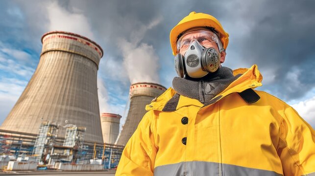 Worker in Protective Gear Standing Near Industrial Cooling Tower Emitting Smoke