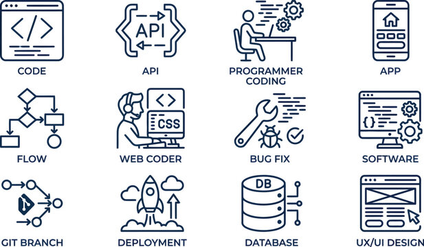 Web Development Icons for Coding, Design, and Deployment Processes