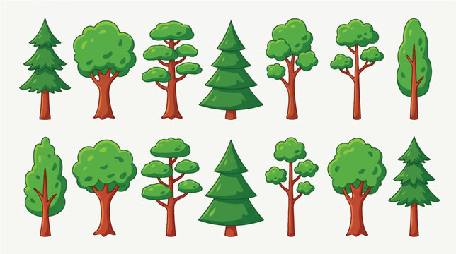 Set of stylized green tree icons including pine cedar and oak forest plants for environment and nature design concepts isolated on white background