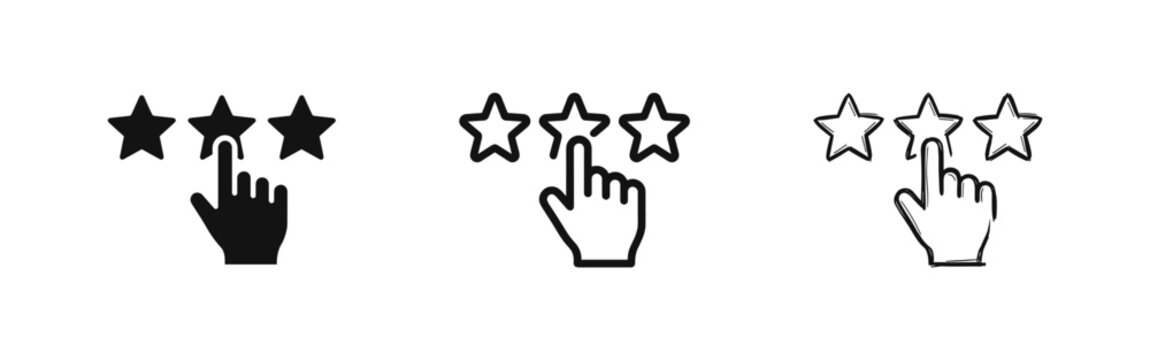 Set of 3 stars rating icon with clicking hand in solid, outline, and hand-drawn styles