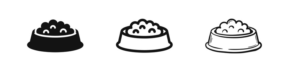 Pet food bowl icon set with kibble in solid, outline, and hand-drawn styles © drawing lines