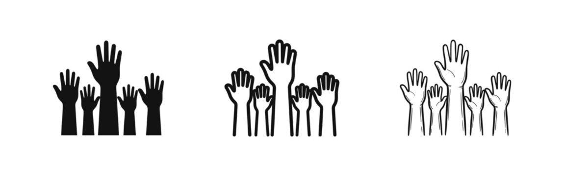 Raised hands icon set representing volunteering or voting in solid, outline, and hand-drawn styles