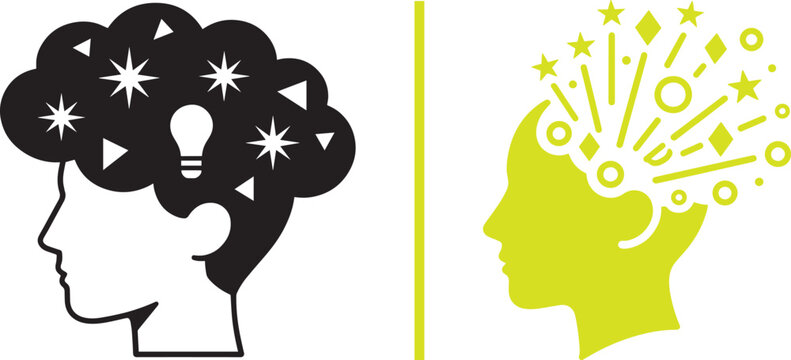Human head silhouettes with lightbulb and geometric shapes for creative thinking and brainstorming vector illustration