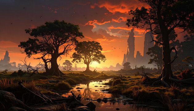 Fantasy Sunset Landscape with River
