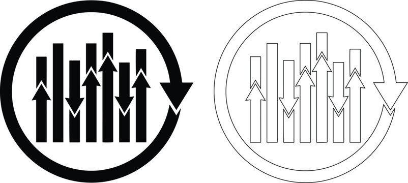 Set of black solid silhouette and thin line outline icons representing market volatility with a bar chart, up and down arrows, and a circular loop arrow isolated on white background