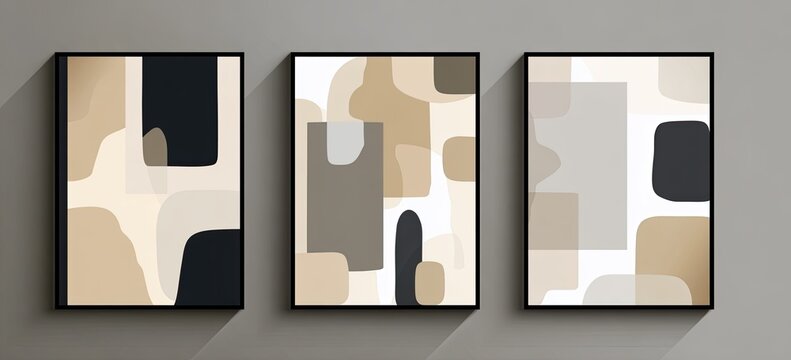 Three framed art pieces featuring abstract shapes in neutral tones cast on a gray wall