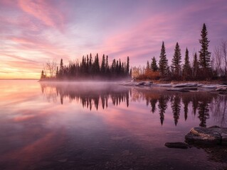 Obraz premium Serene lake reflection at sunrise with misty trees and colorful sky.