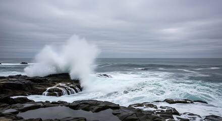 Waves crash dramatically on a rocky coastline on a cloudy day for nature conservation worldwide