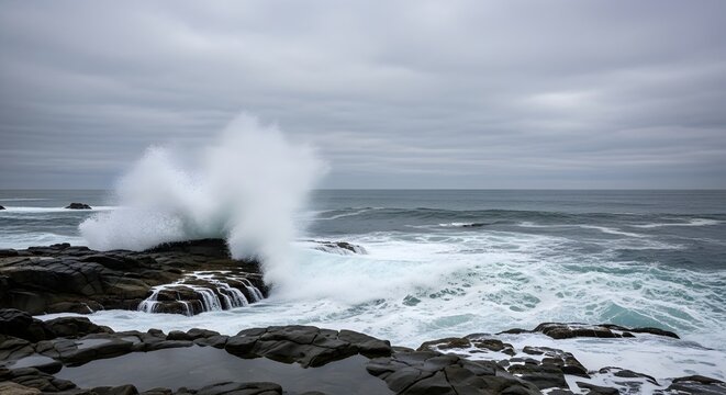 Waves crash dramatically on a rocky coastline on a cloudy day for nature conservation worldwide