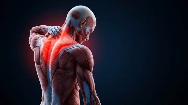Anatomical illustration of a human figure experiencing pain in the trapezius muscles, for human muscular system education.
