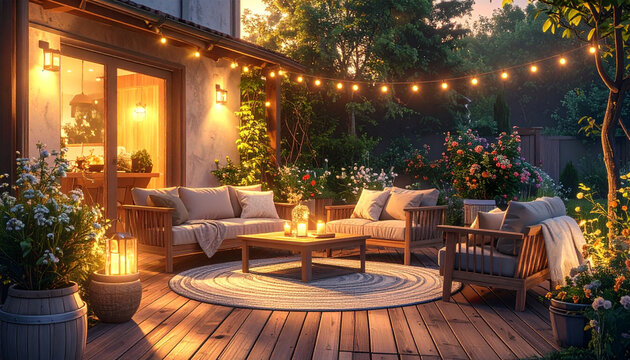Elegant Outdoor Lounge with Garden Lights