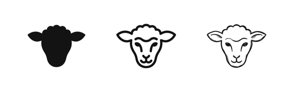 Sheep Head Icon Set - Livestock Animal Symbols in Solid, Outline, and Hand-Drawn Styles