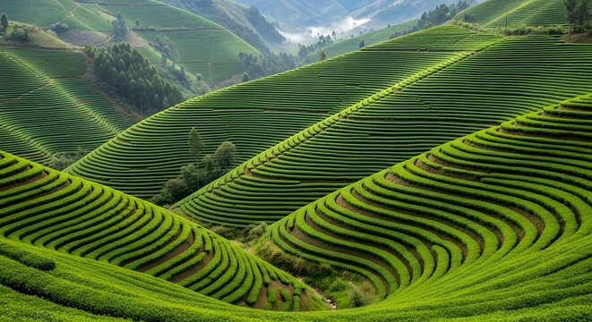 Green tea fields on rolling hills on a sunny day for nature conservation in the world